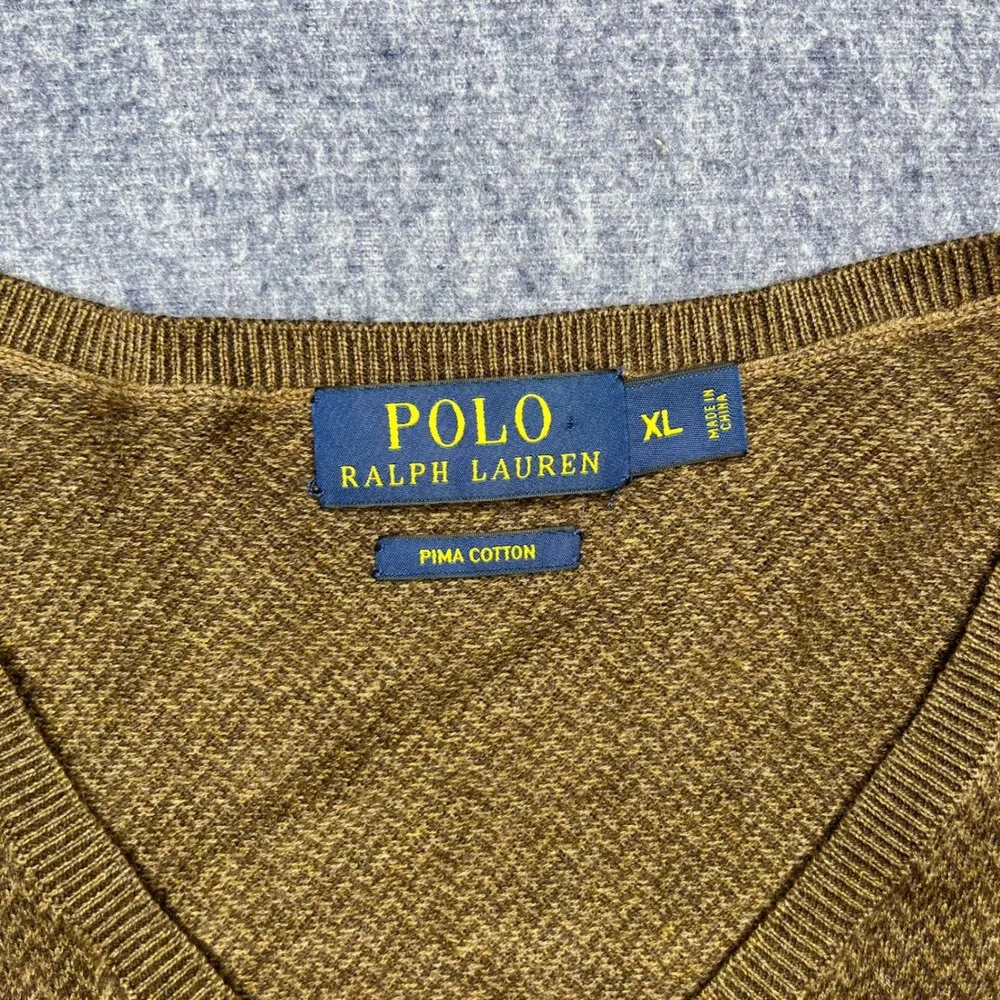 Polo Ralph Lauren Mens V Neck Sweater Brown Pima‎ Cotton Textured Knit XL Hole